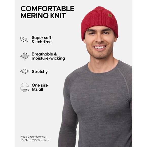 Men's Red Merino Wool Fitted Stretch Beanie Stretchy Fisherman Beanie Cap - Picture 2 of 6
